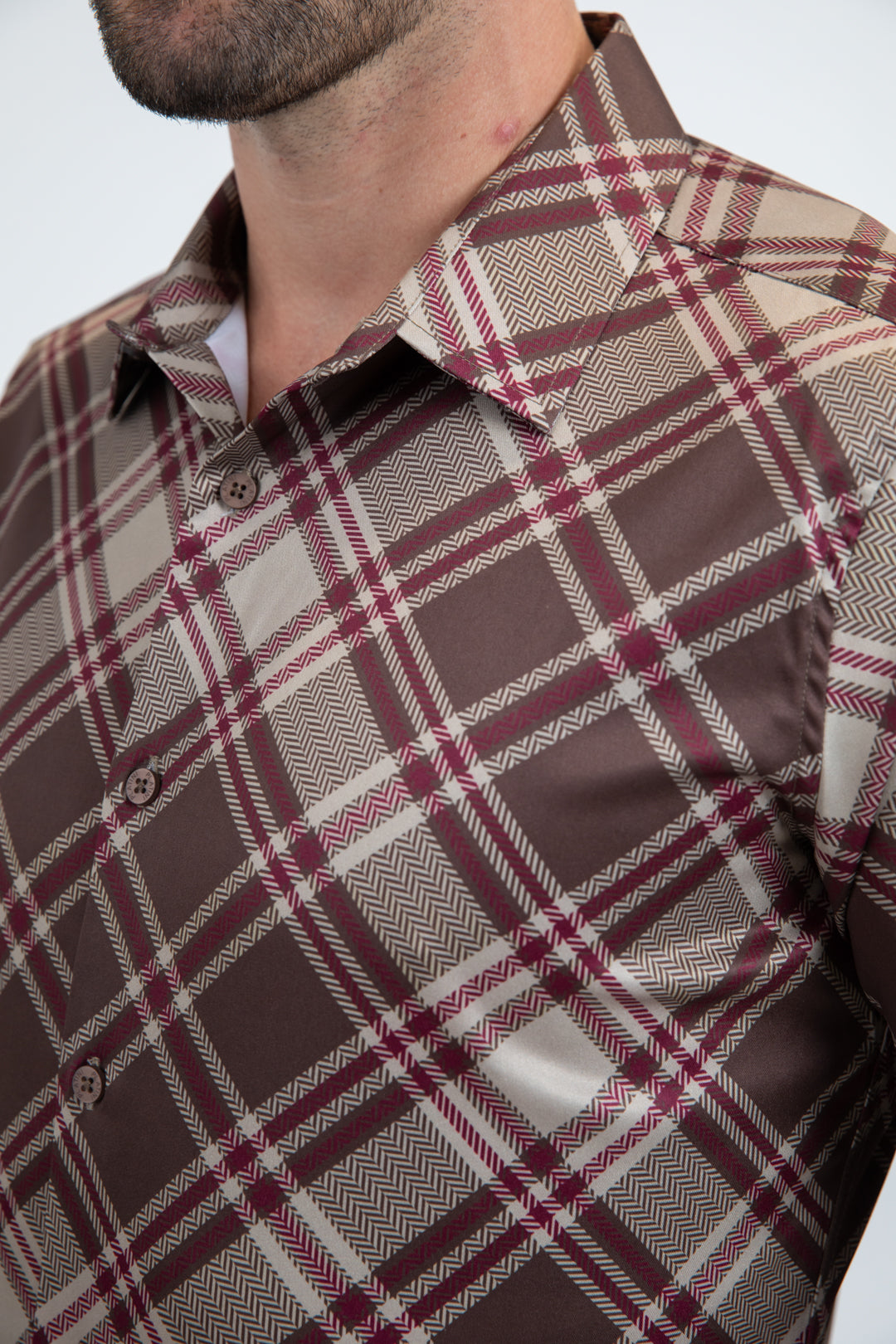 Mens Checkered Long Sleeve Brown Shirt