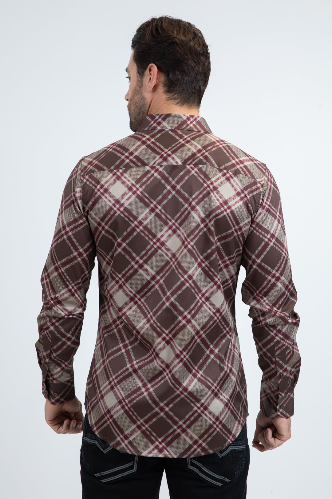 Mens Checkered Long Sleeve Brown Shirt