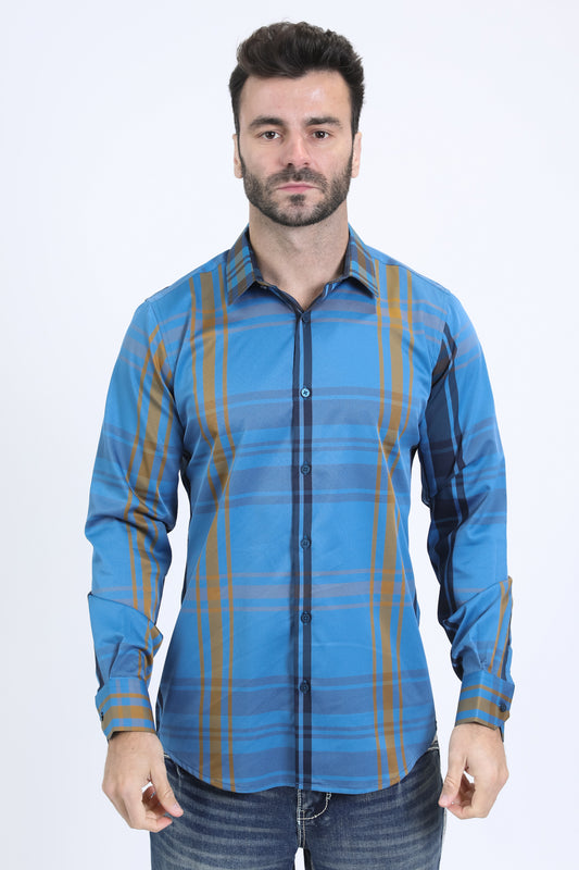 Mens Checkered Long Sleeve Dk. Blue Shirt