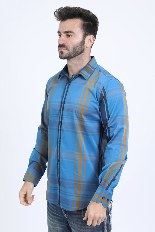 dark blue checkered long sleeve shirt side platini