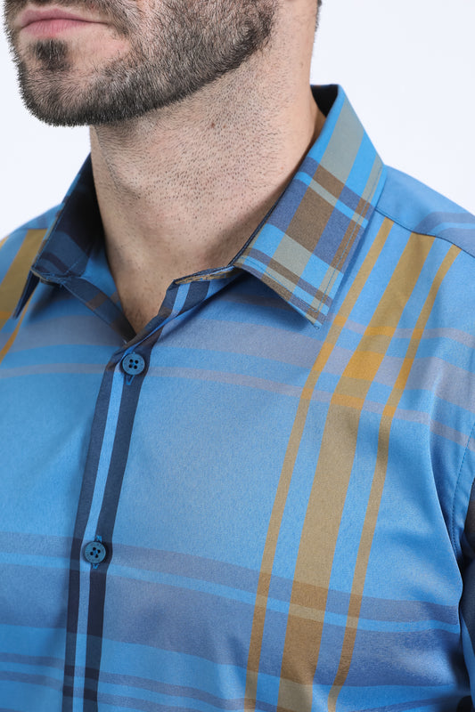 dark blue checkered long sleeve shirt detail platini