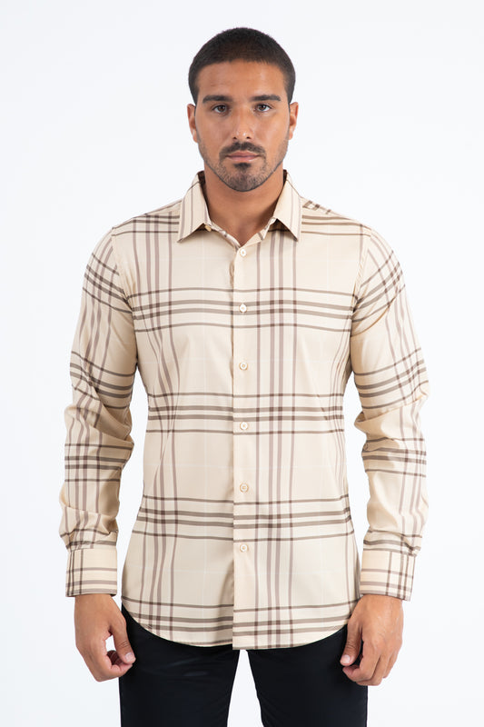 Mens Checkered Long Sleeve Khaki/Brown Shirt