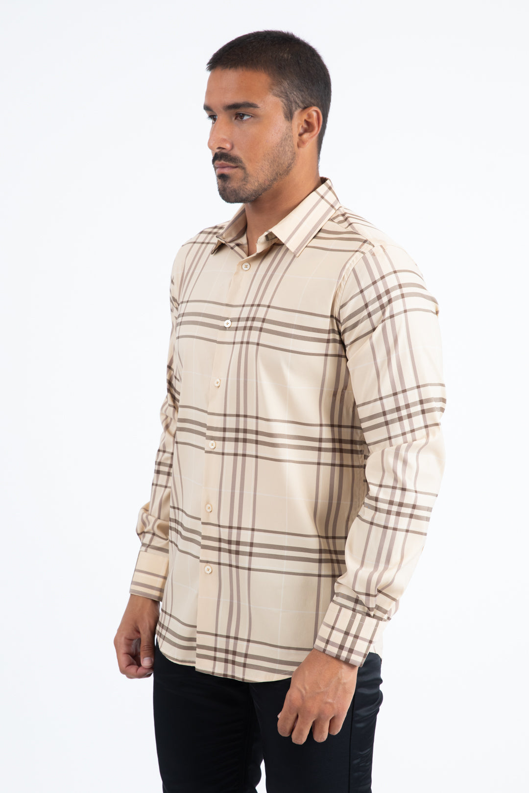 Mens Checkered Long Sleeve Khaki/Brown Shirt
