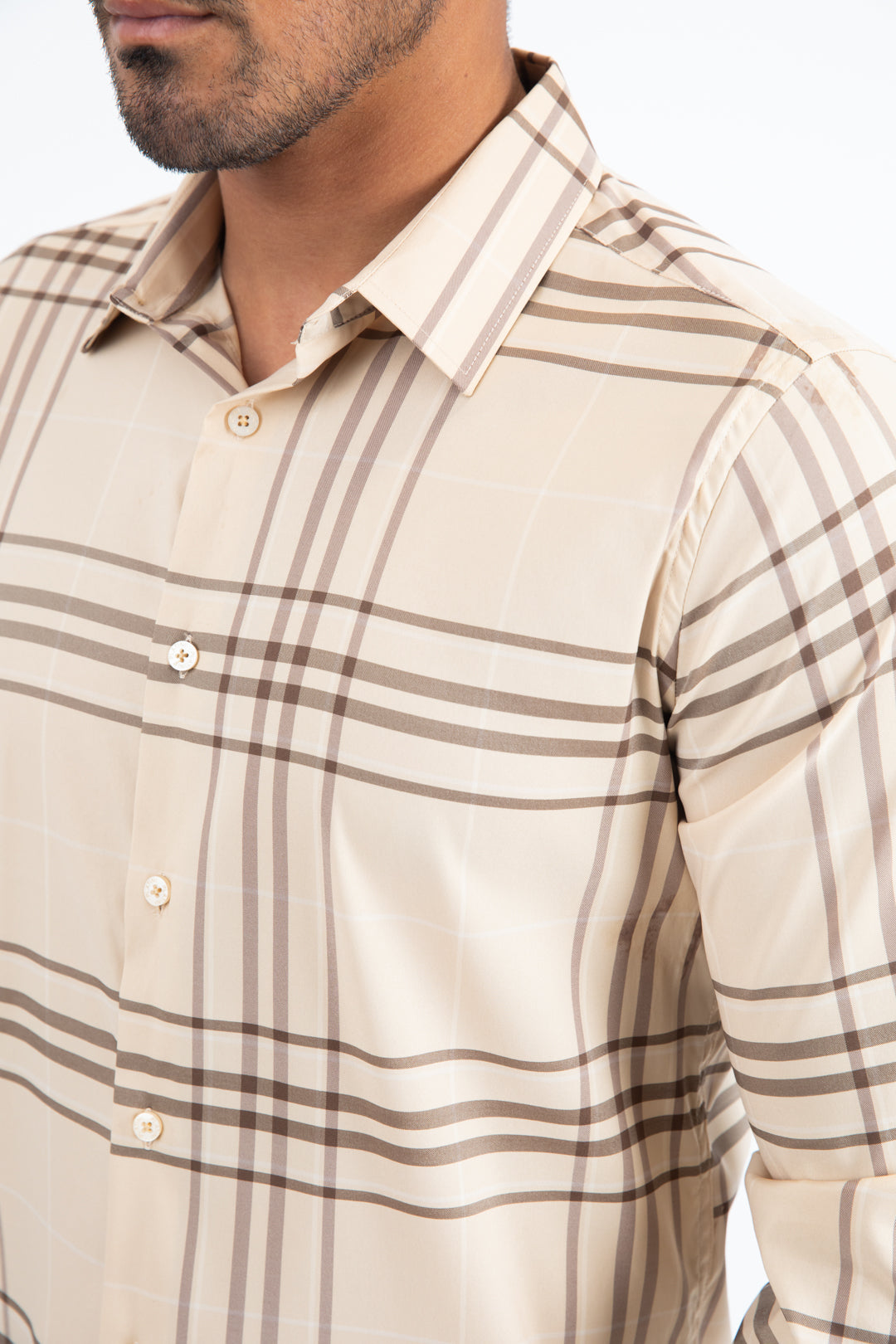 Mens Checkered Long Sleeve Khaki/Brown Shirt