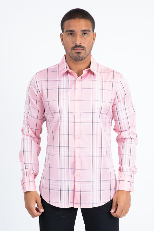 Mens Checkered Long Sleeve Pink Shirt