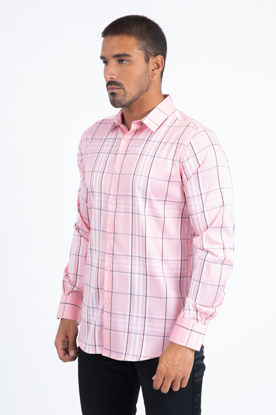 Mens Checkered Long Sleeve Pink Shirt