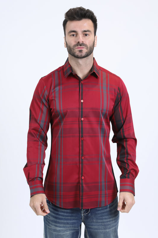 Mens Checkered Long Sleeve Red Shirt