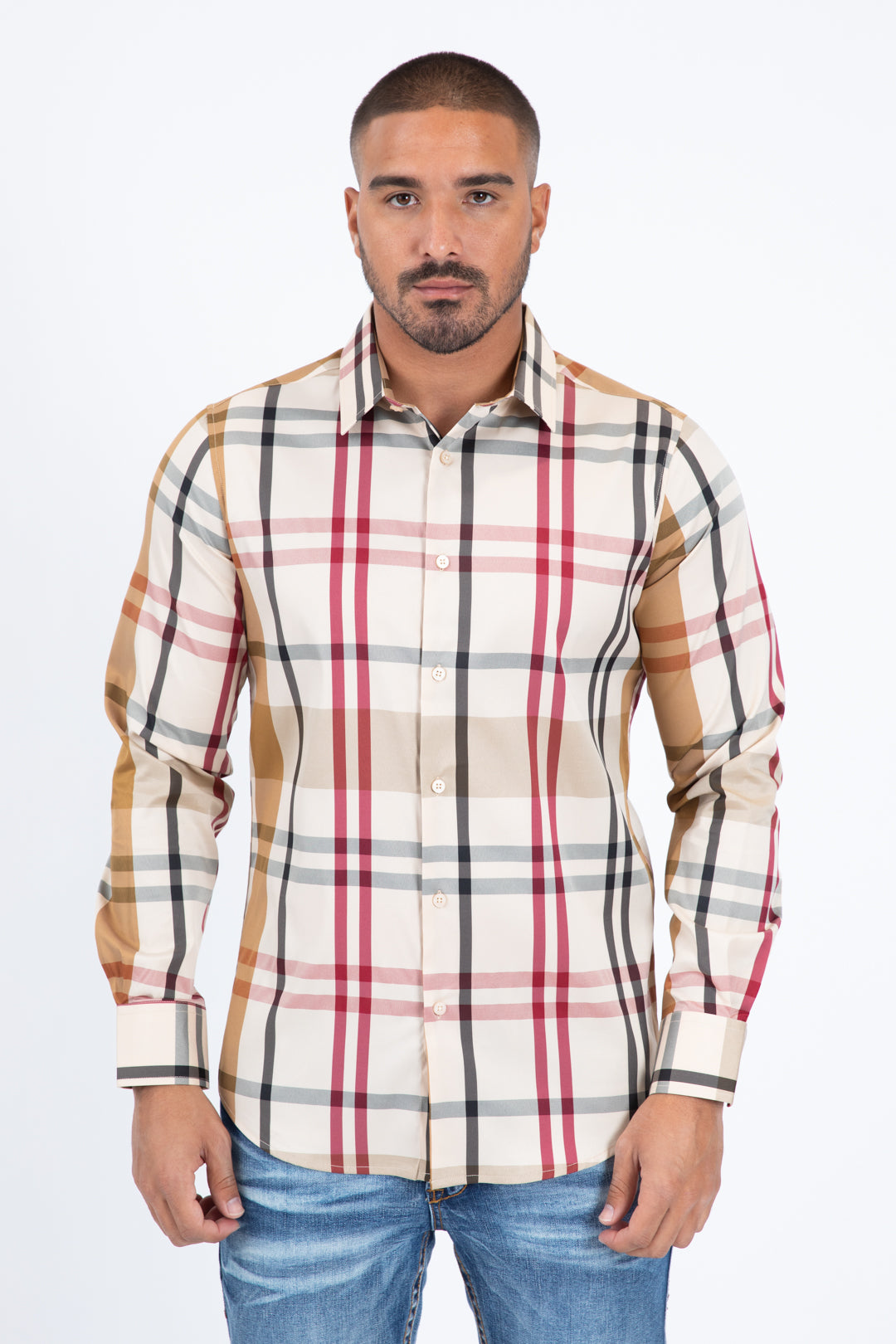 beige checkered long sleeve shirt front platini