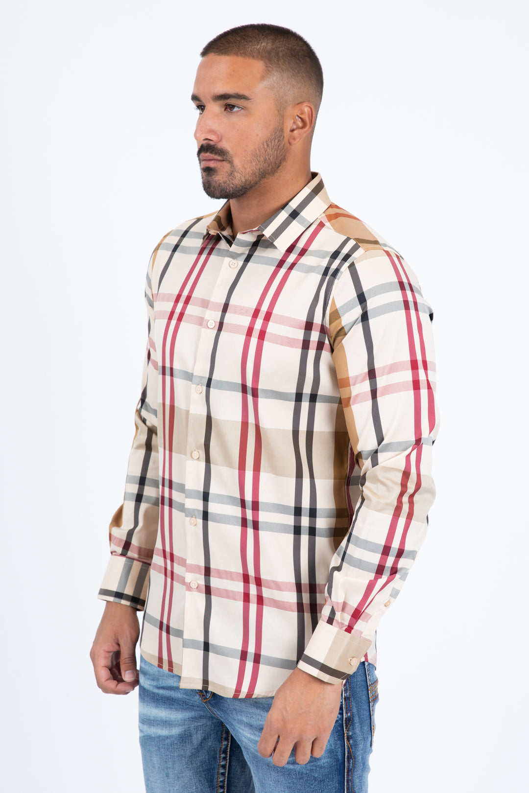 beige checkered long sleeve shirt side platini