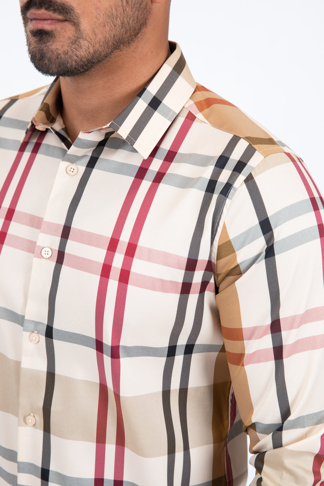 beige checkered long sleeve shirt detail platini