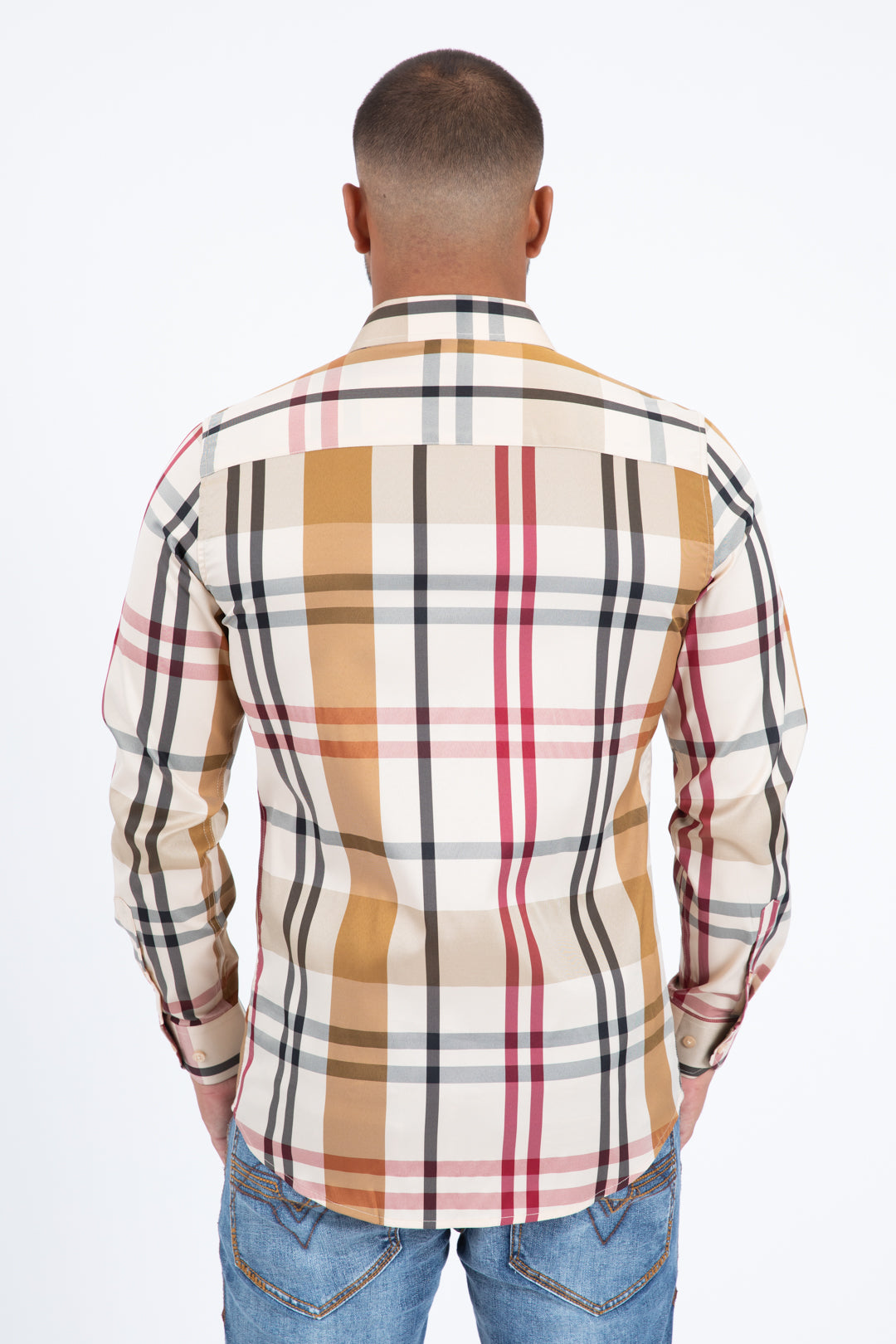 beige checkered long sleeve shirt back platini