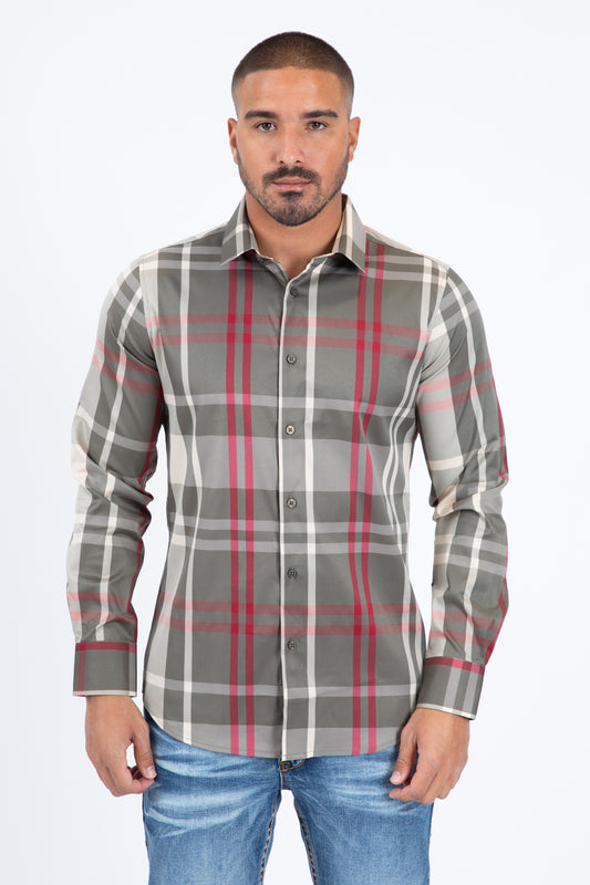 brown checkered long sleeve shirt front platini