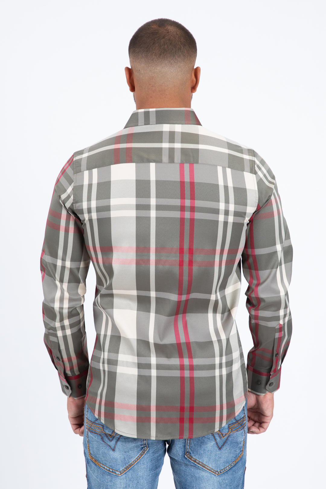 brown checkered long sleeve shirt back platini
