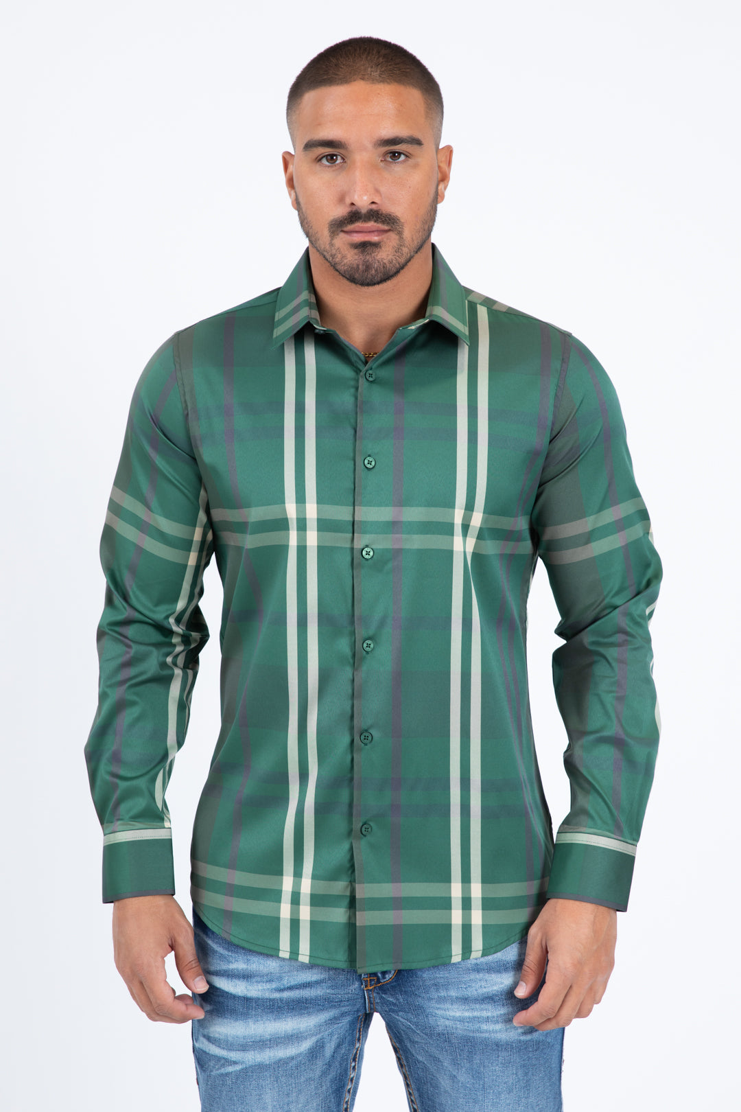 green checkered long sleeve shirt front platini