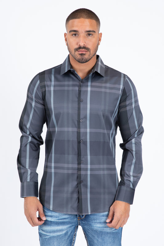 grey checkered long sleeve shirt front platini