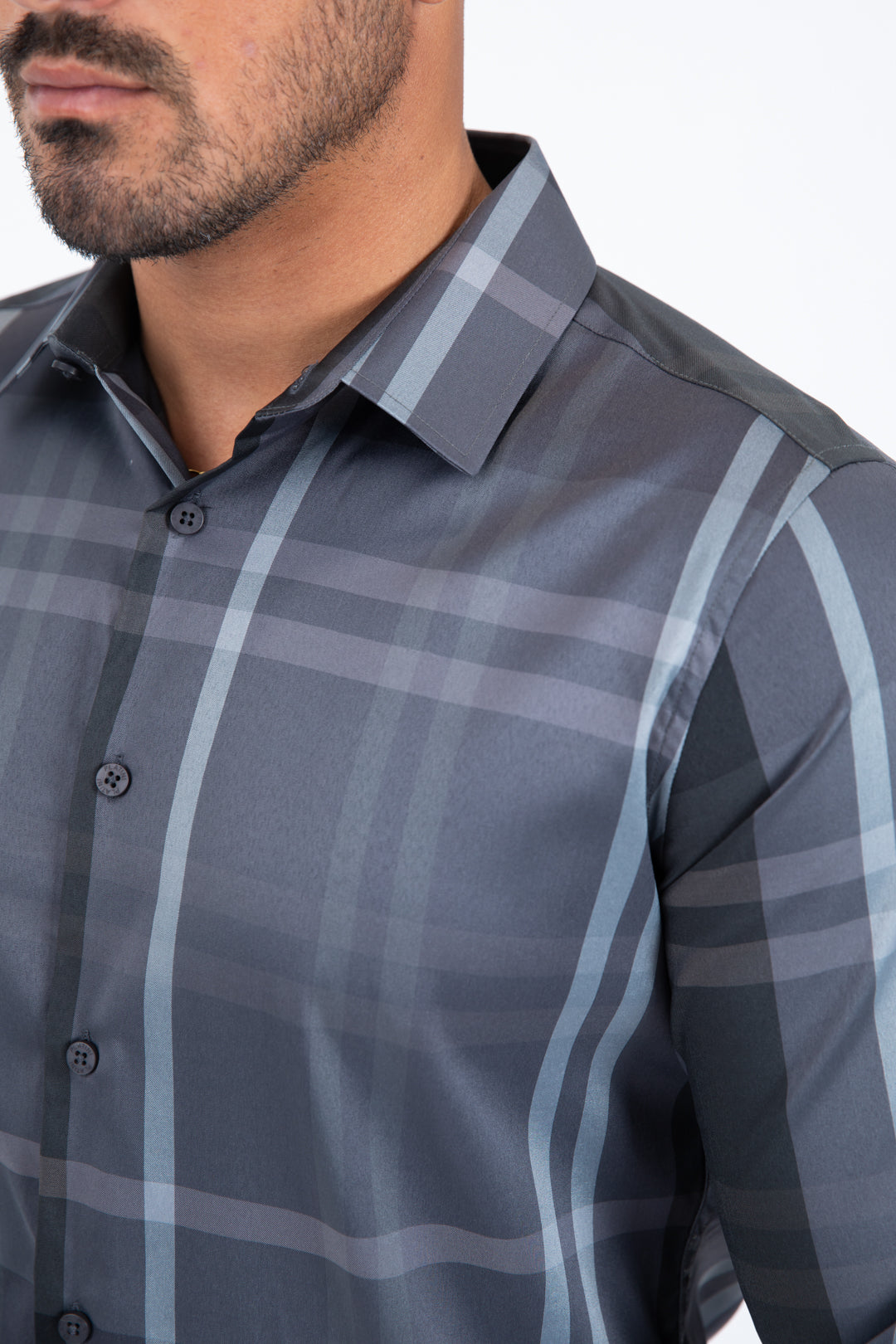 grey checkered long sleeve shirt detail platini