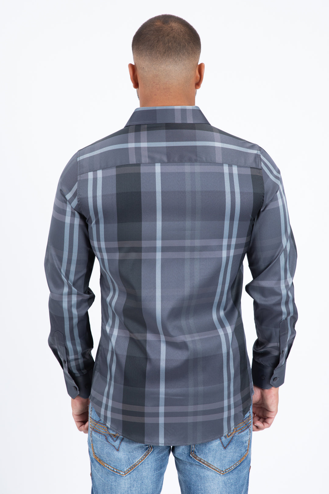 grey checkered long sleeve shirt back platini
