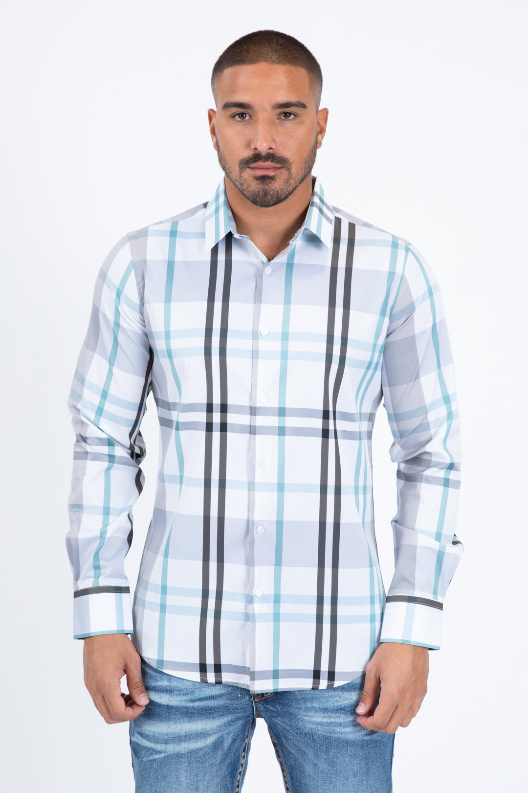 white checkered long sleeve shirt front platini