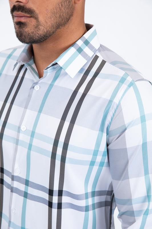 white checkered long sleeve shirt detail platini