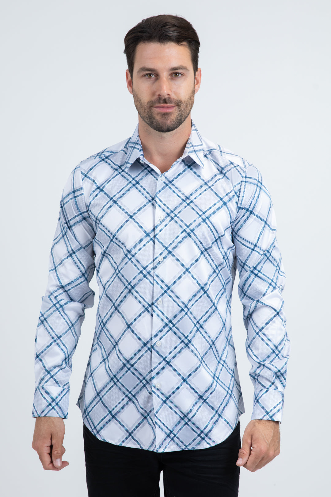 Mens Checkered Long Sleeve White Shirt