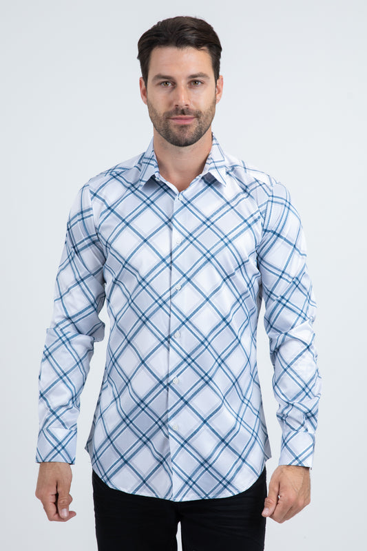 Mens Checkered Long Sleeve White Shirt