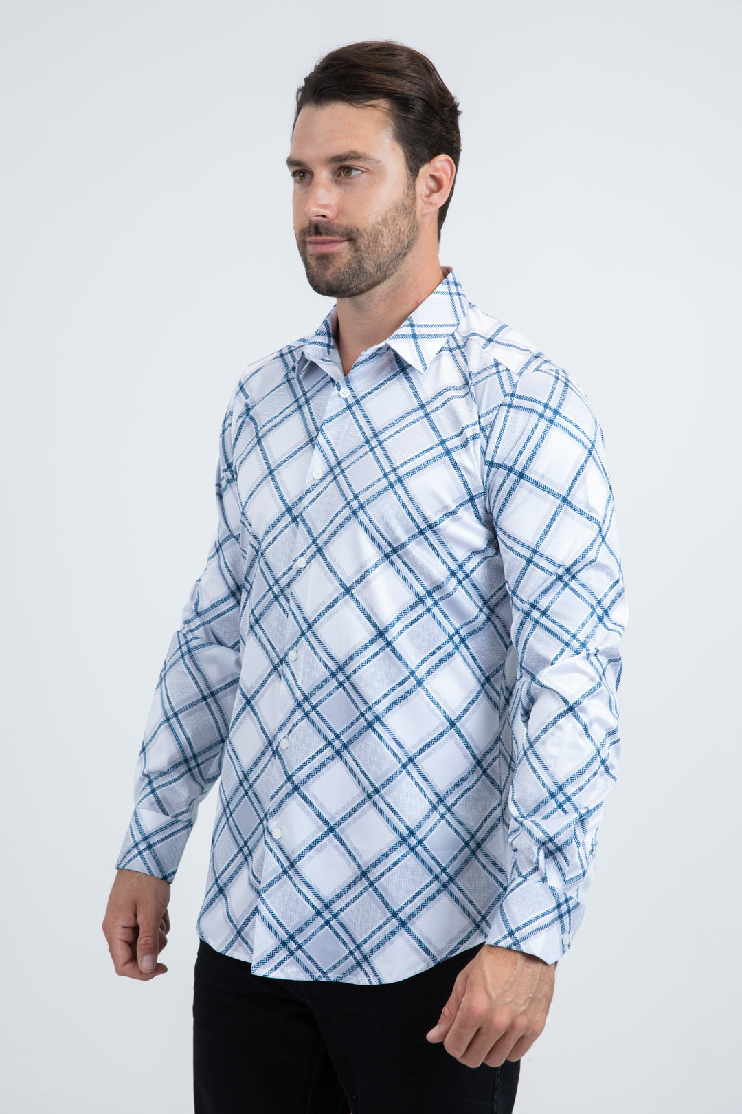 Mens Checkered Long Sleeve White Shirt