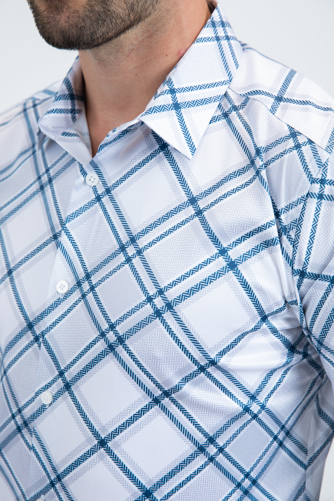 Mens Checkered Long Sleeve White Shirt
