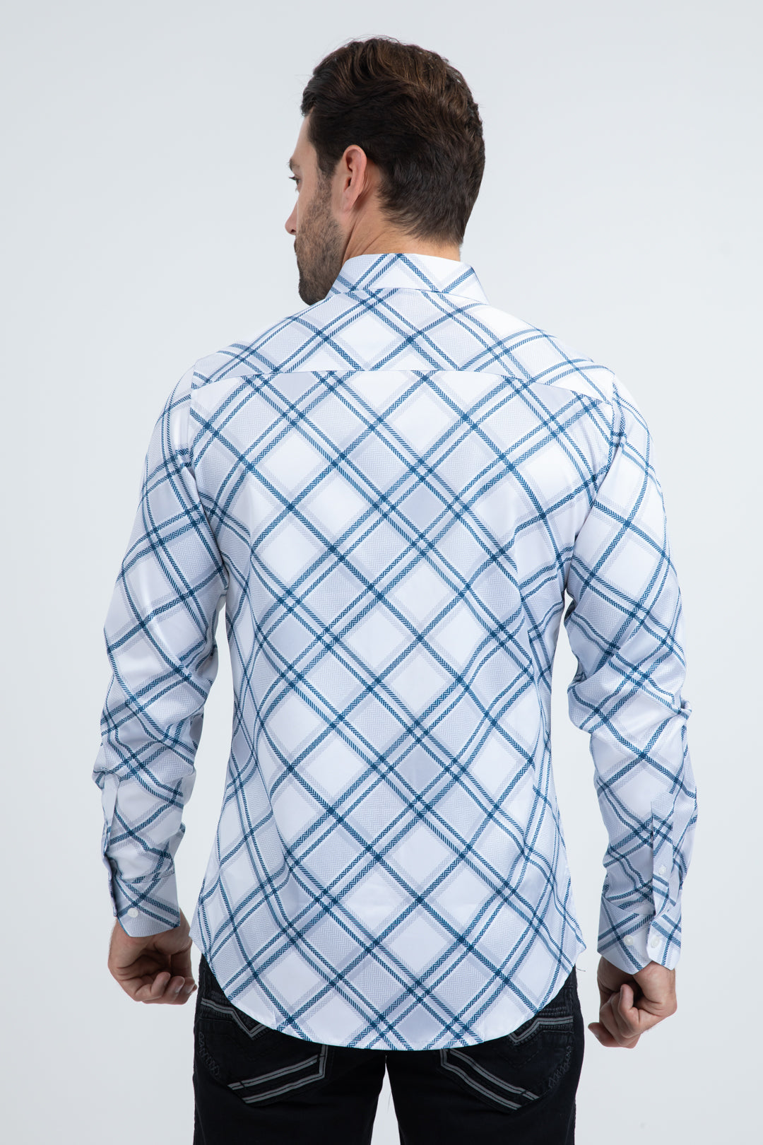 Mens Checkered Long Sleeve White Shirt