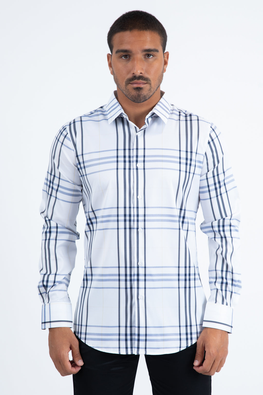 Mens Checkered Long Sleeve White Shirt