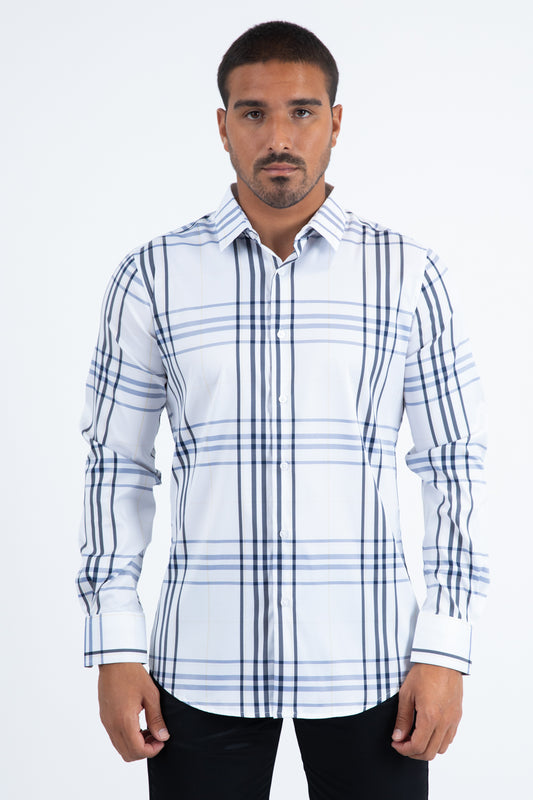 Mens Checkered Long Sleeve White Shirt