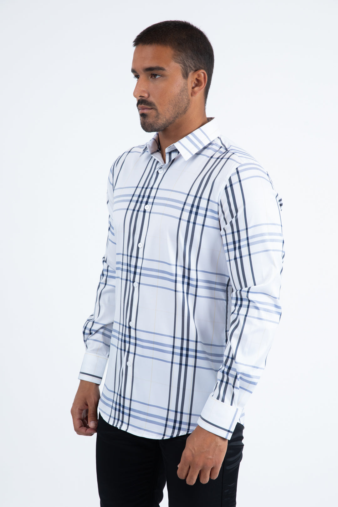 Mens Checkered Long Sleeve White Shirt