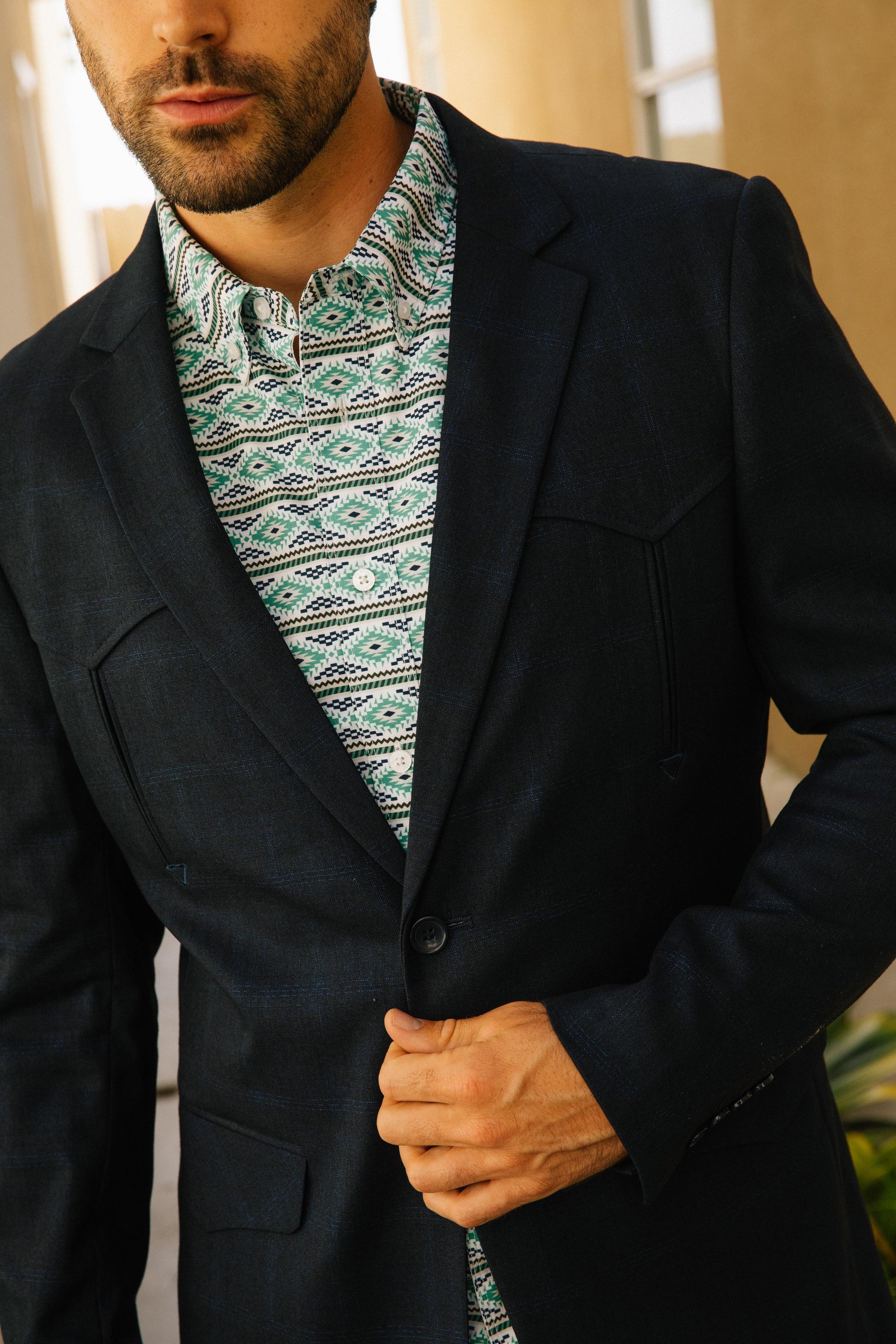 dark charcoal western sport coat with elbow patch men platini detail