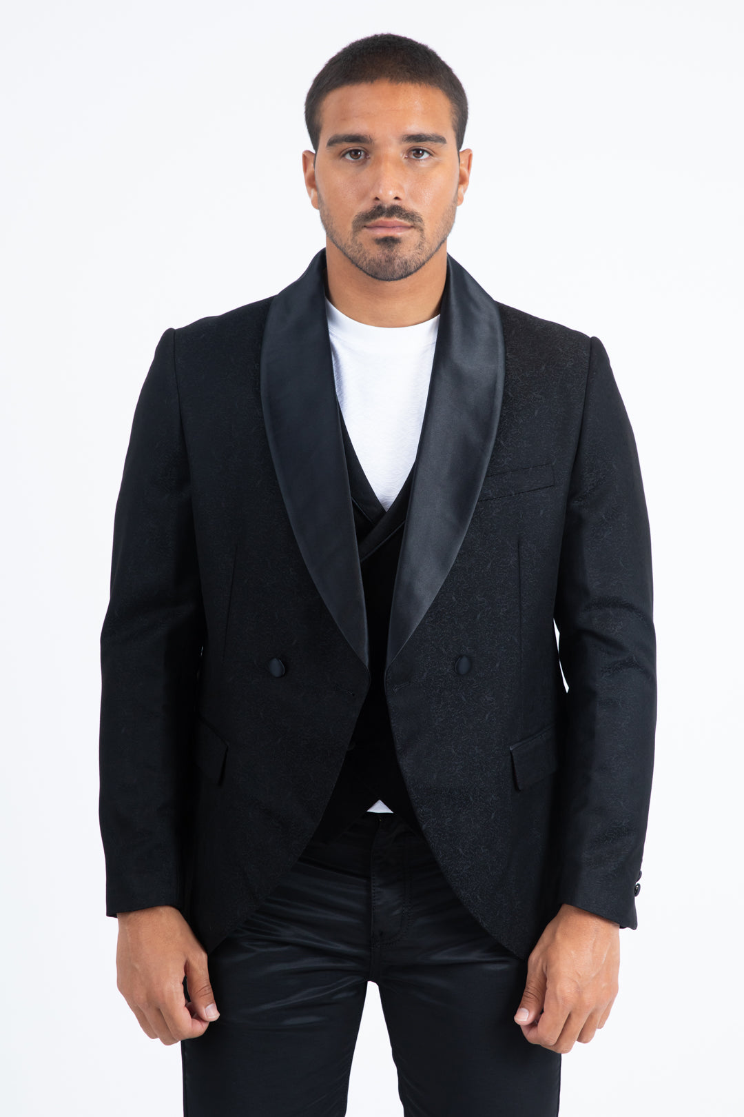 Men's Double-Breasted Shawl Lapel Tuxedo Blazer & Vest - All-Black
