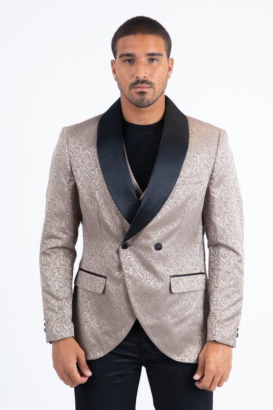 Men Patterned Khaki Double-Breasted Blazer & Vest Set