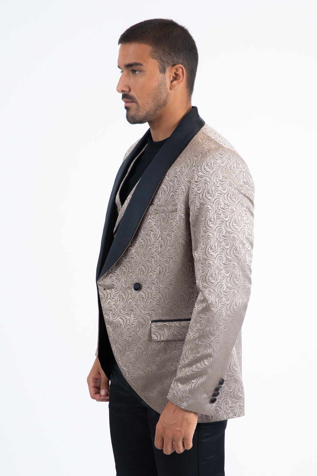 Men Patterned Khaki Double-Breasted Blazer & Vest Set