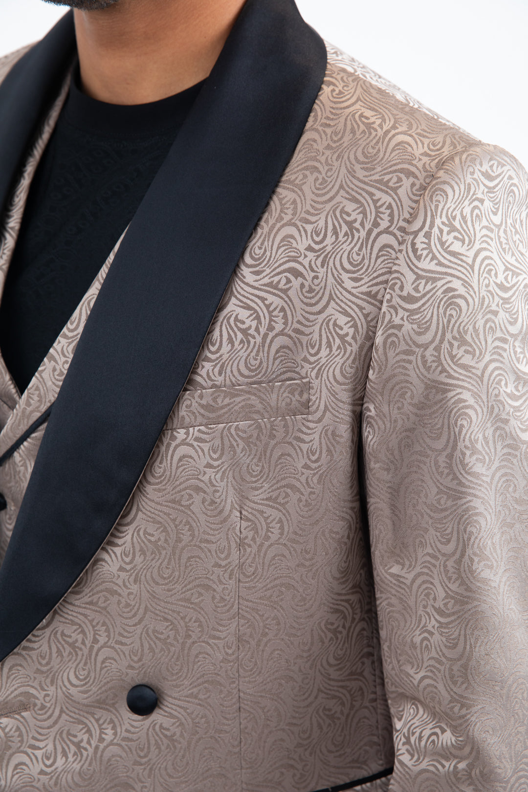 Men Patterned Khaki Double-Breasted Blazer & Vest Set