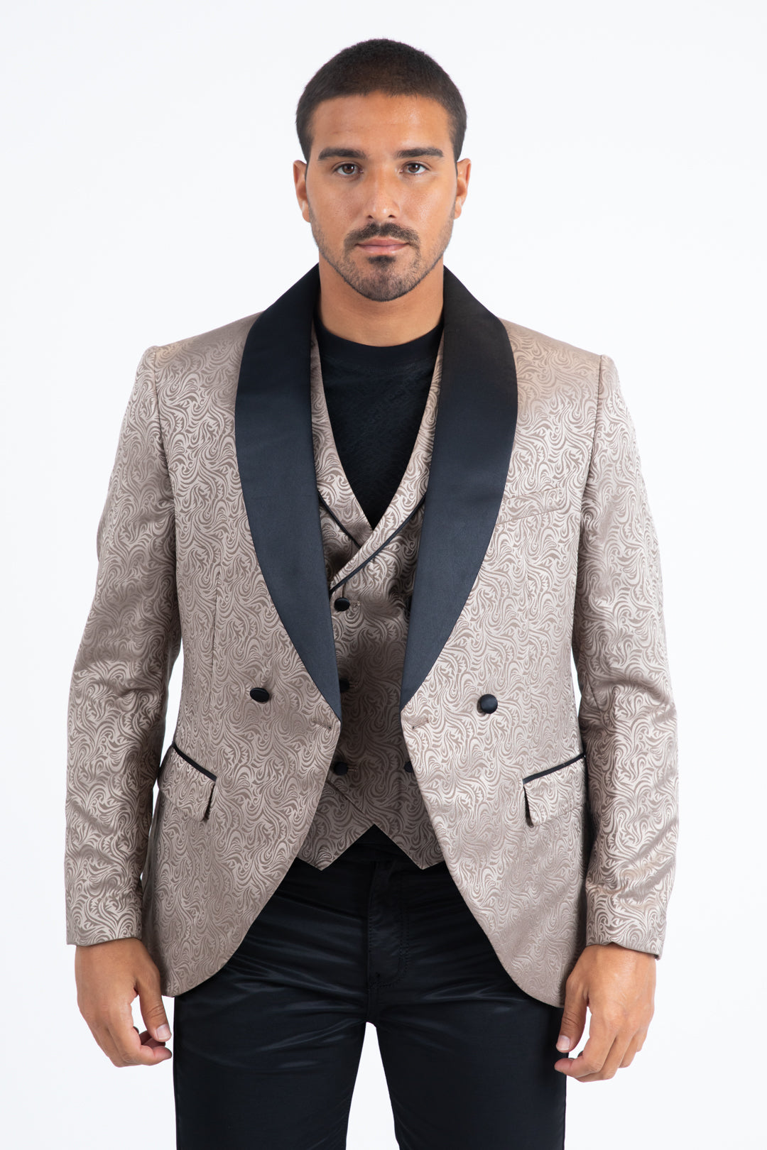 khaki damask double breasted tuxedo blazer & vest men platini front