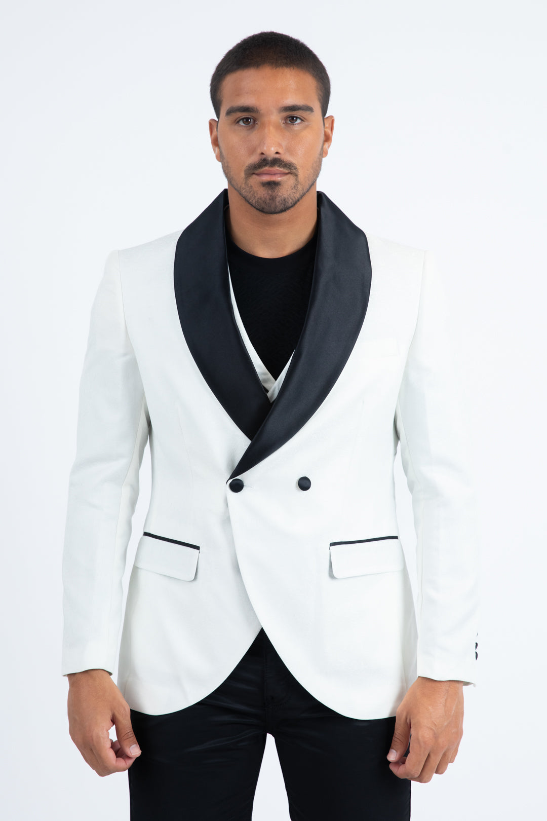 Men Double-Breasted Shawl Lapel Tuxedo Blazer & Vest - White/Black