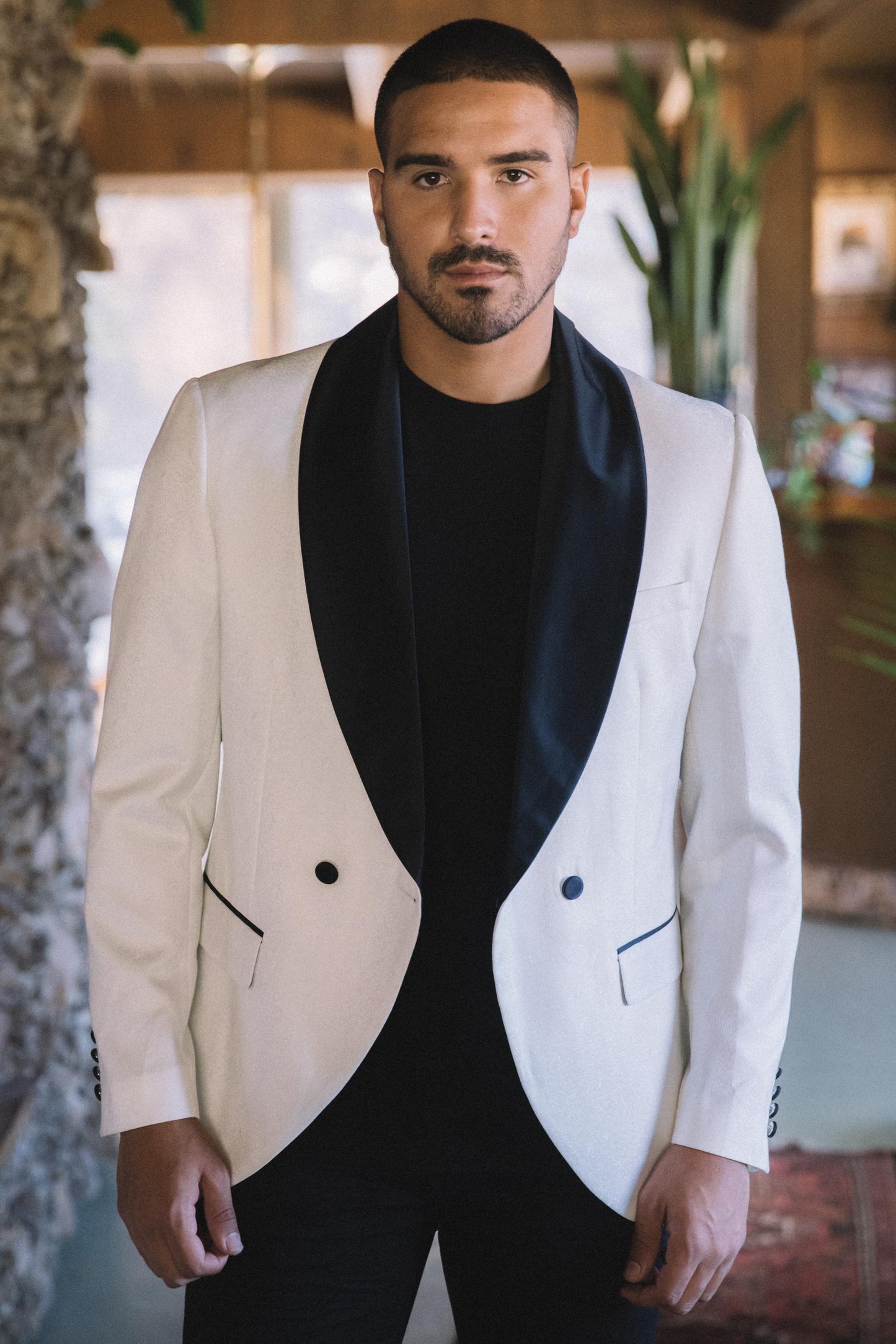 Men Double-Breasted Shawl Lapel Tuxedo Blazer & Vest - White/Black