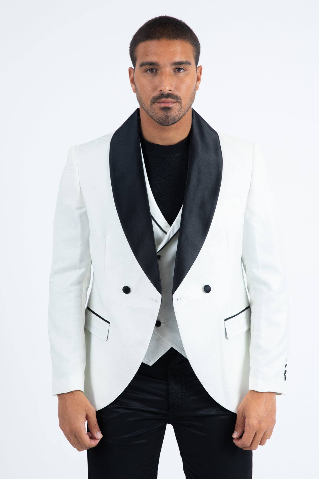 Men Double-Breasted Shawl Lapel Tuxedo Blazer & Vest - White/Black