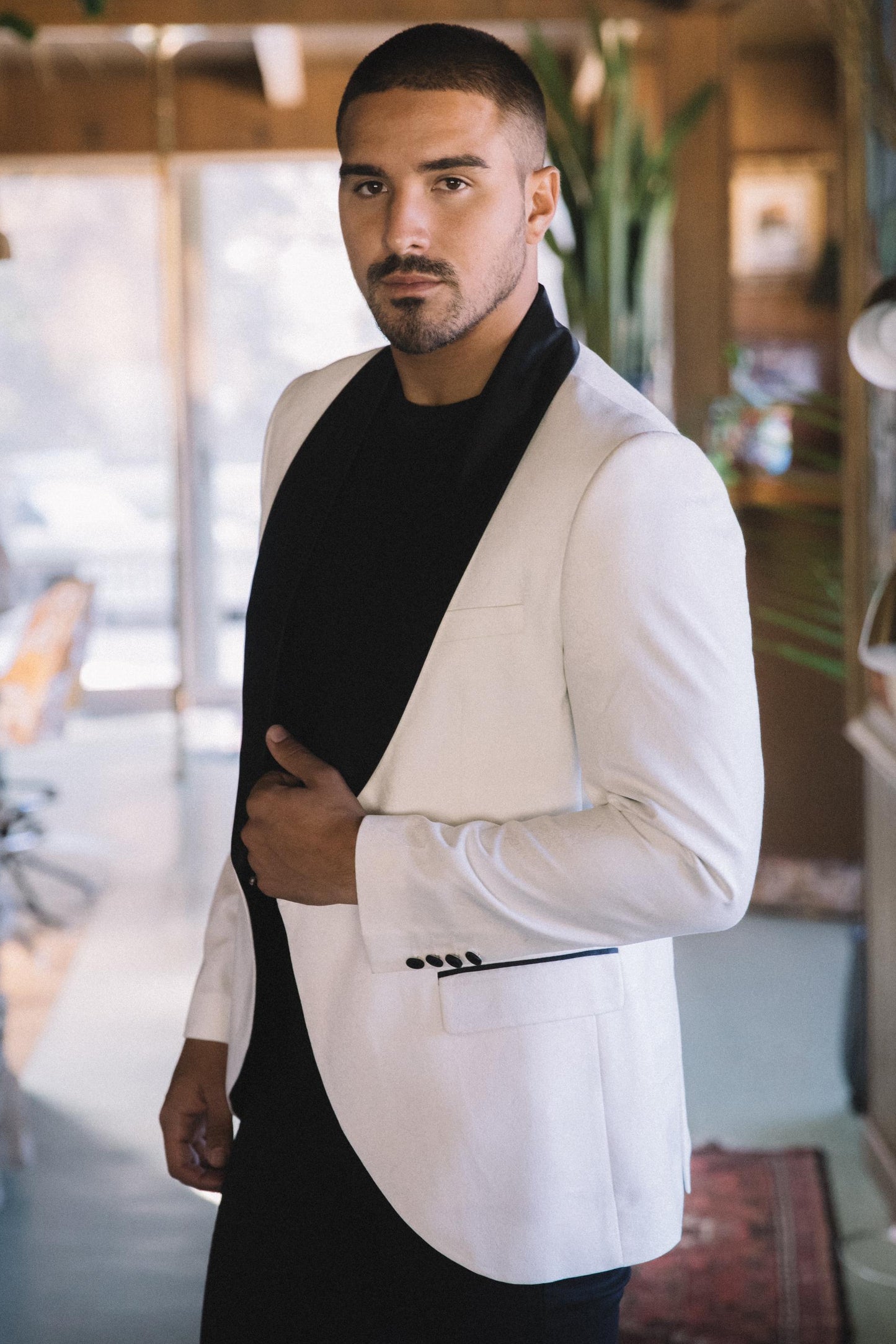 Men Double-Breasted Shawl Lapel Tuxedo Blazer & Vest - White/Black