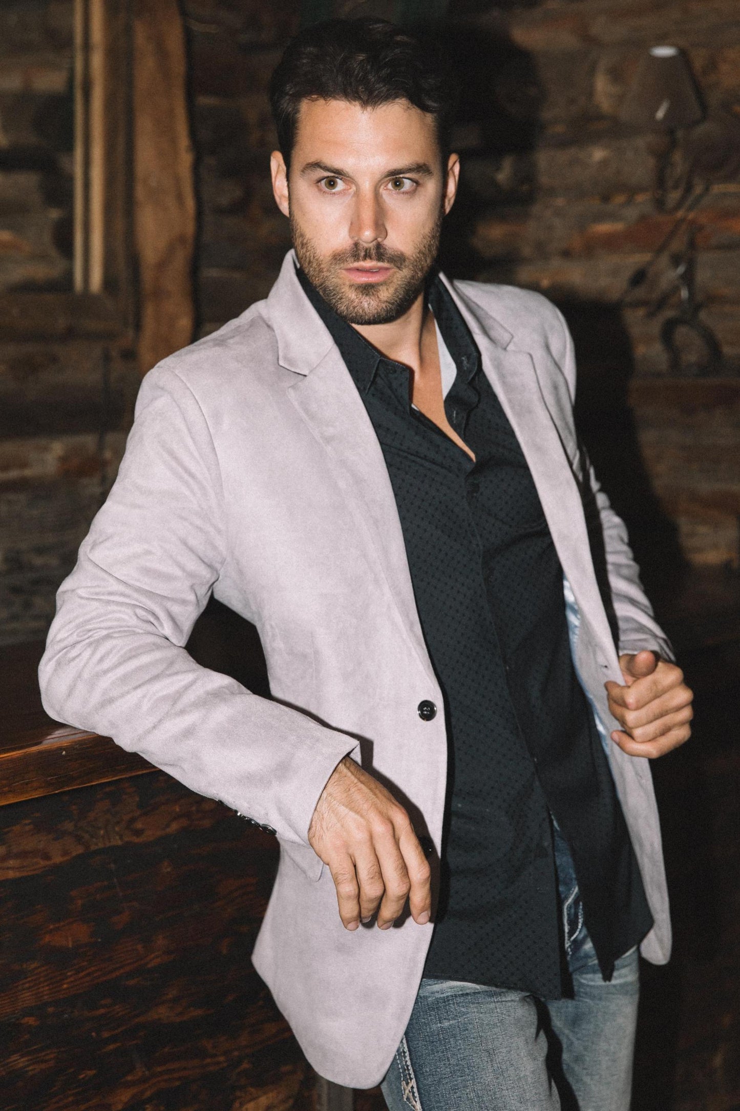 Men's Double Button Faux-Suede Light-Grey Blazer