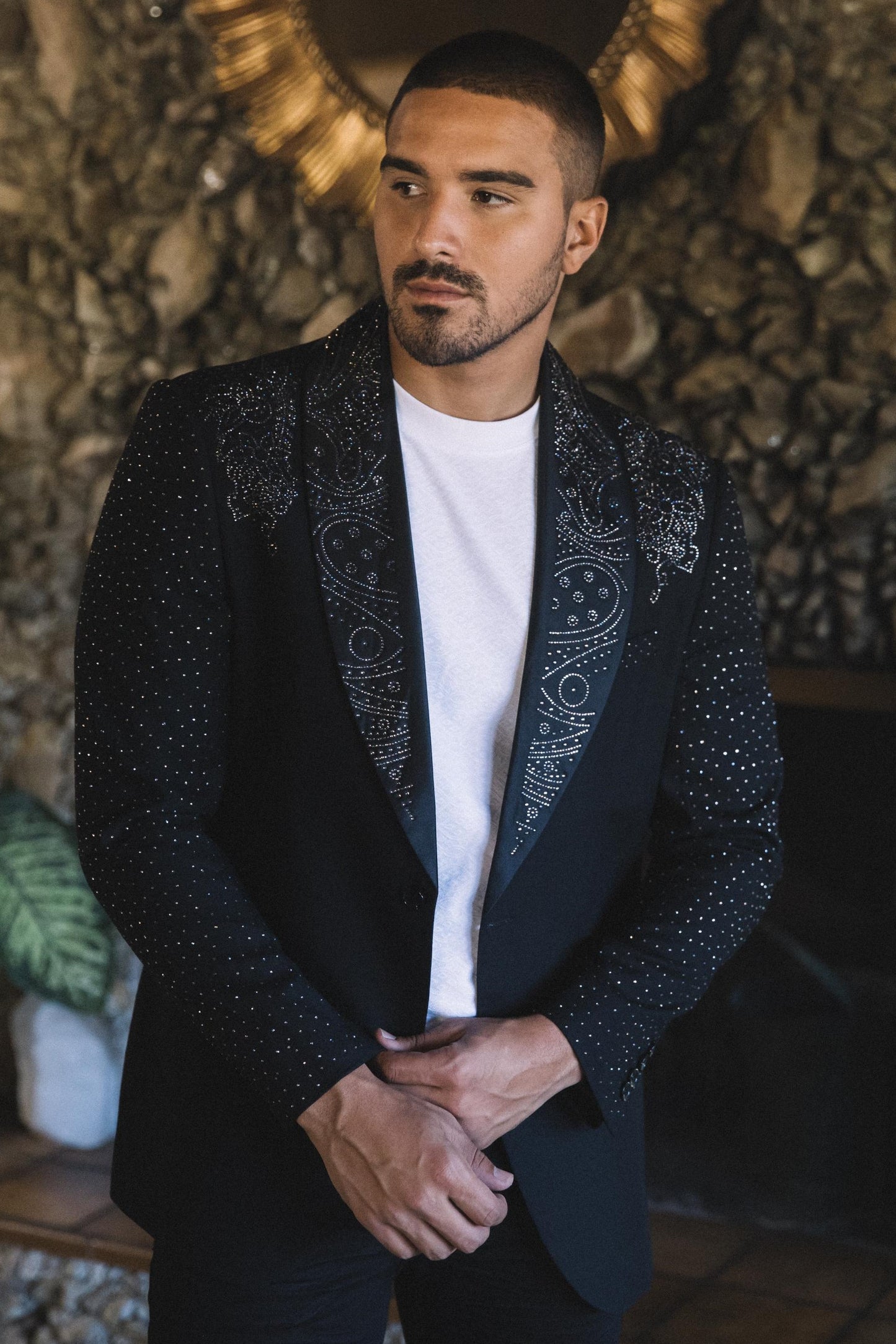 Men's Double Button Rhinestone Black Blazer