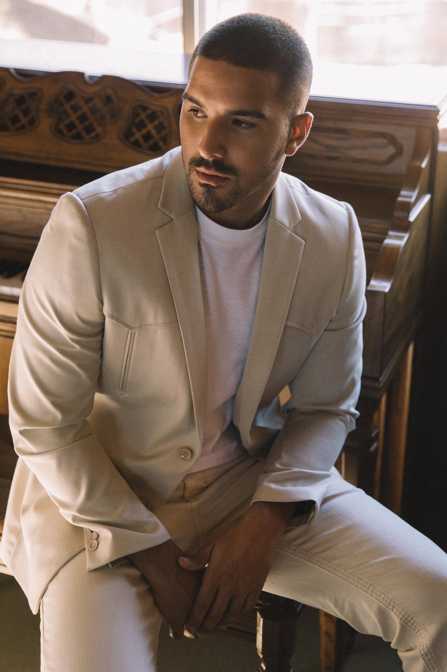 Men's Double Button Western Beige Blazer