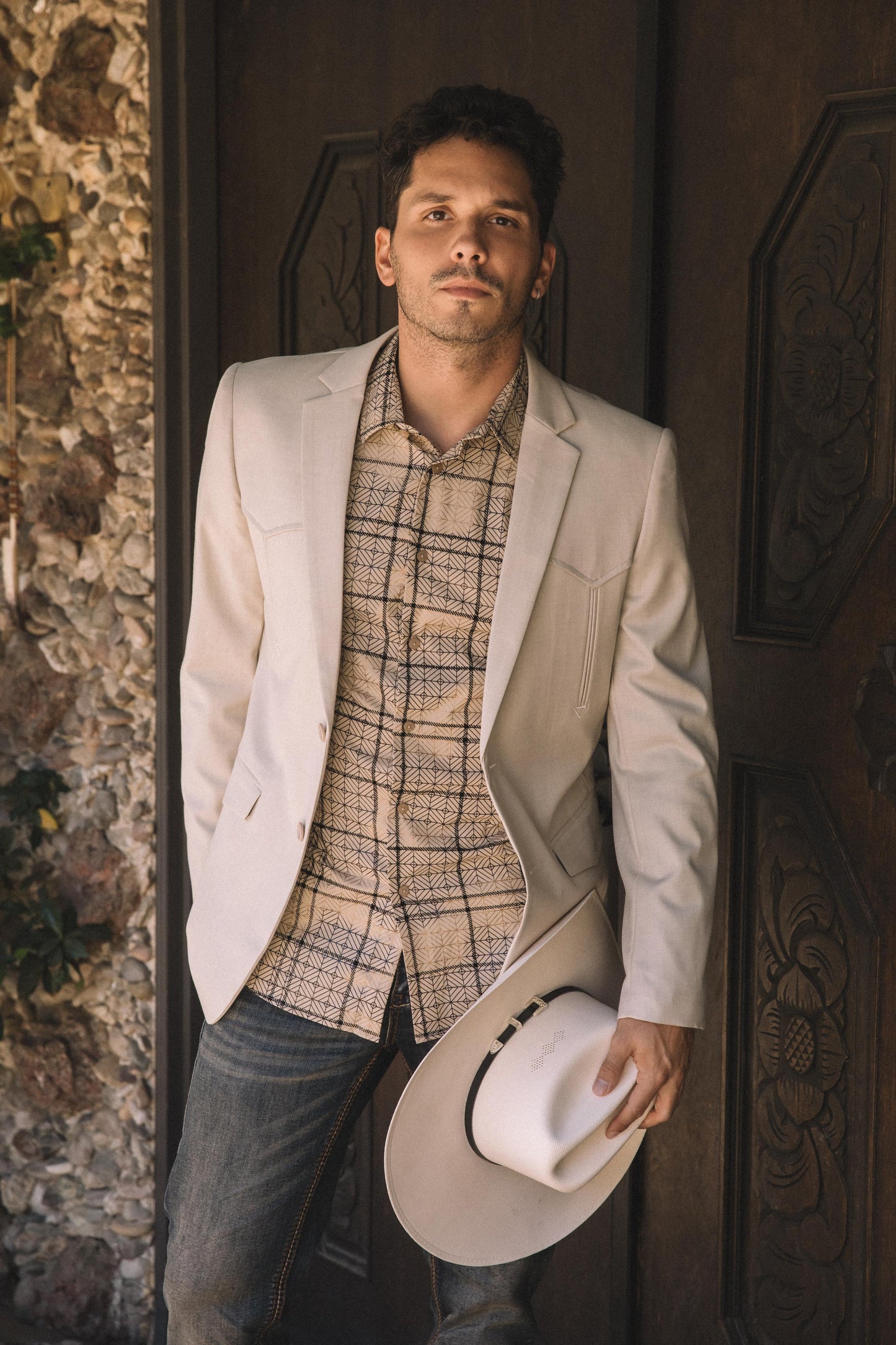 Men's Double Button Western Beige Blazer