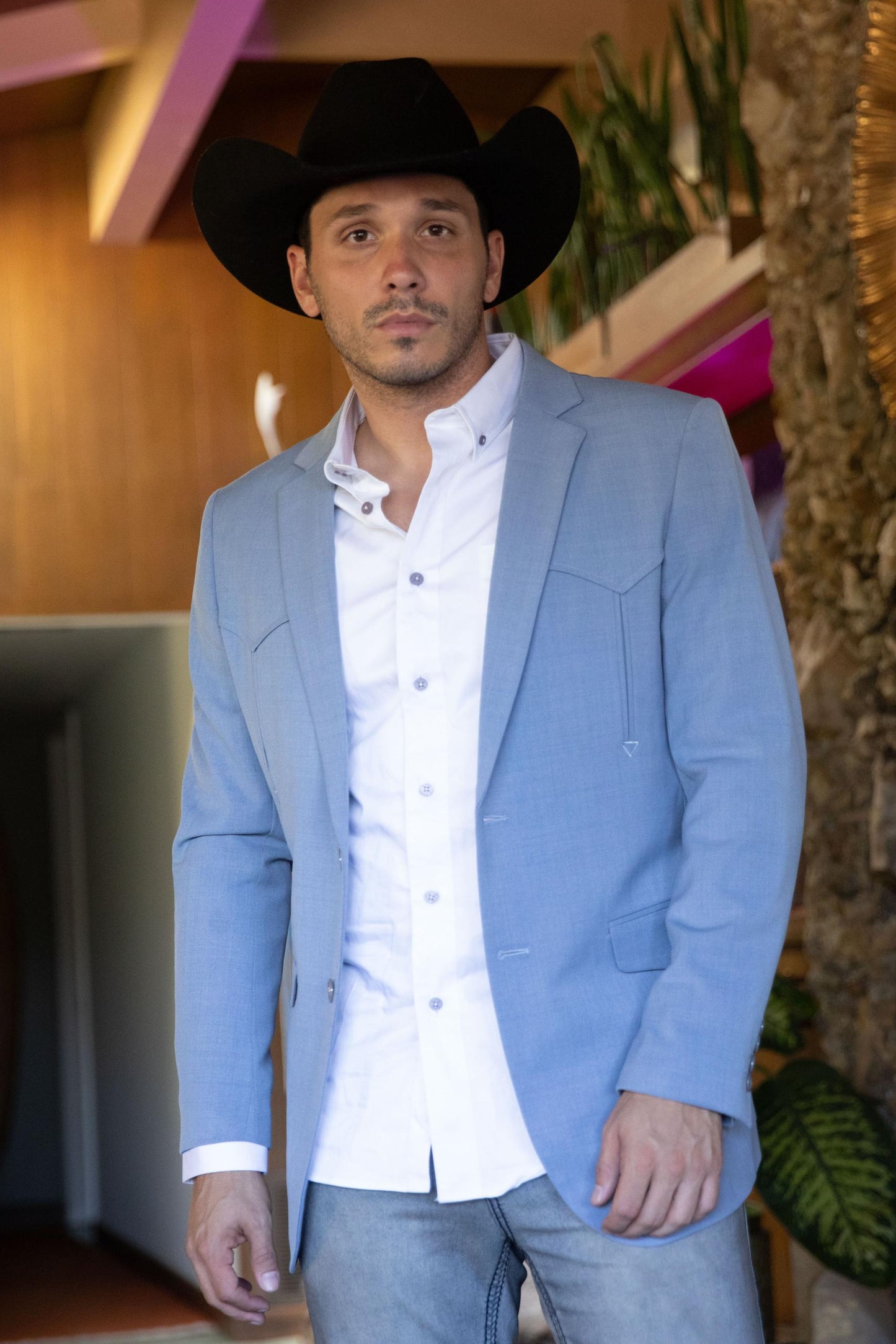 Men's Double Button Western Light Blue Blazer