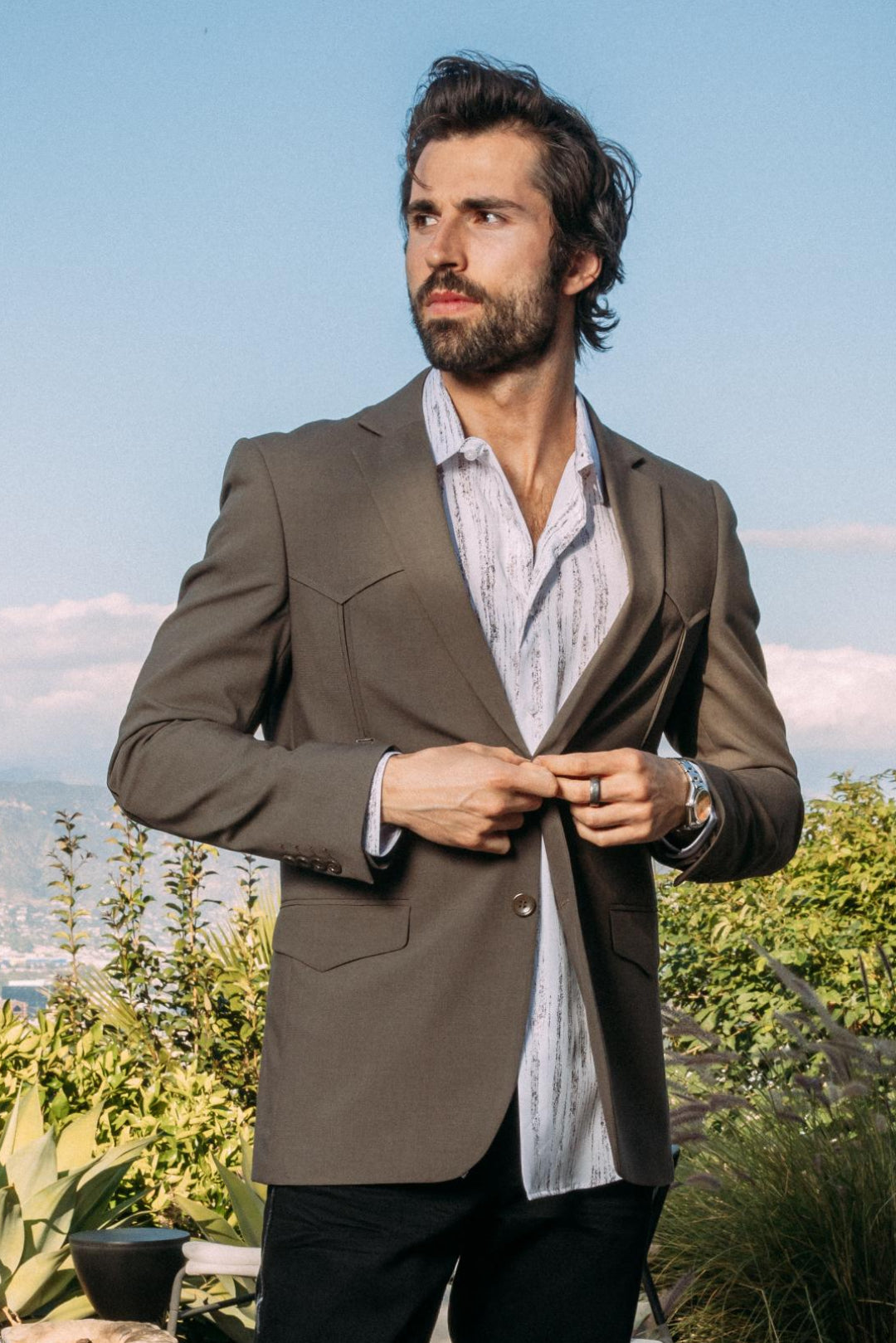dark brown double button western blazer men platini front