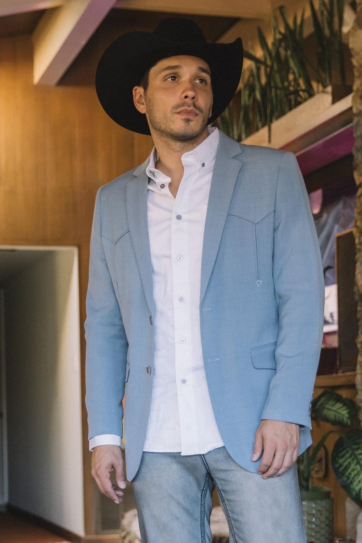 Men's Double Button Western Light Blue Blazer