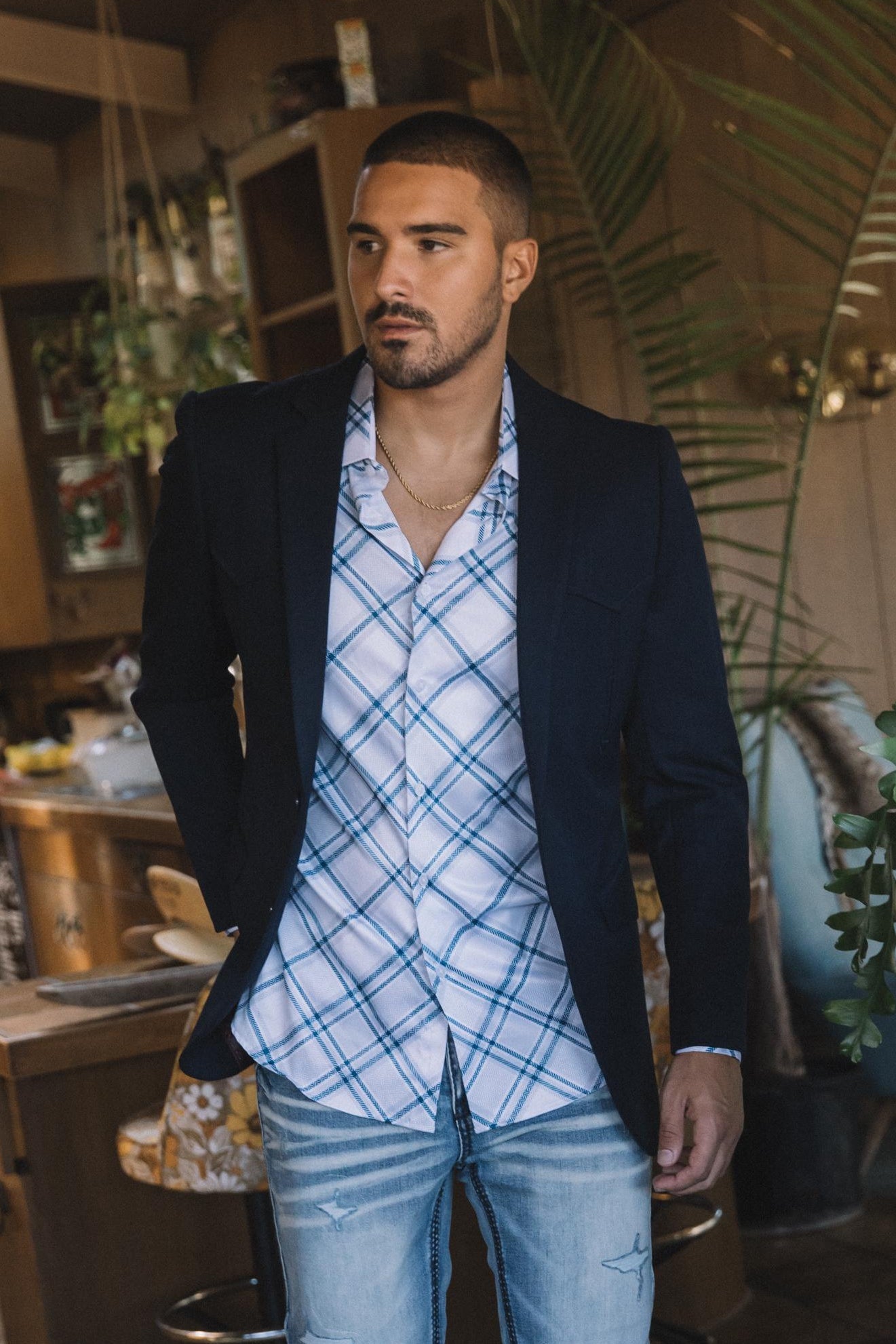 Men's Double Button Western Navy Blazer