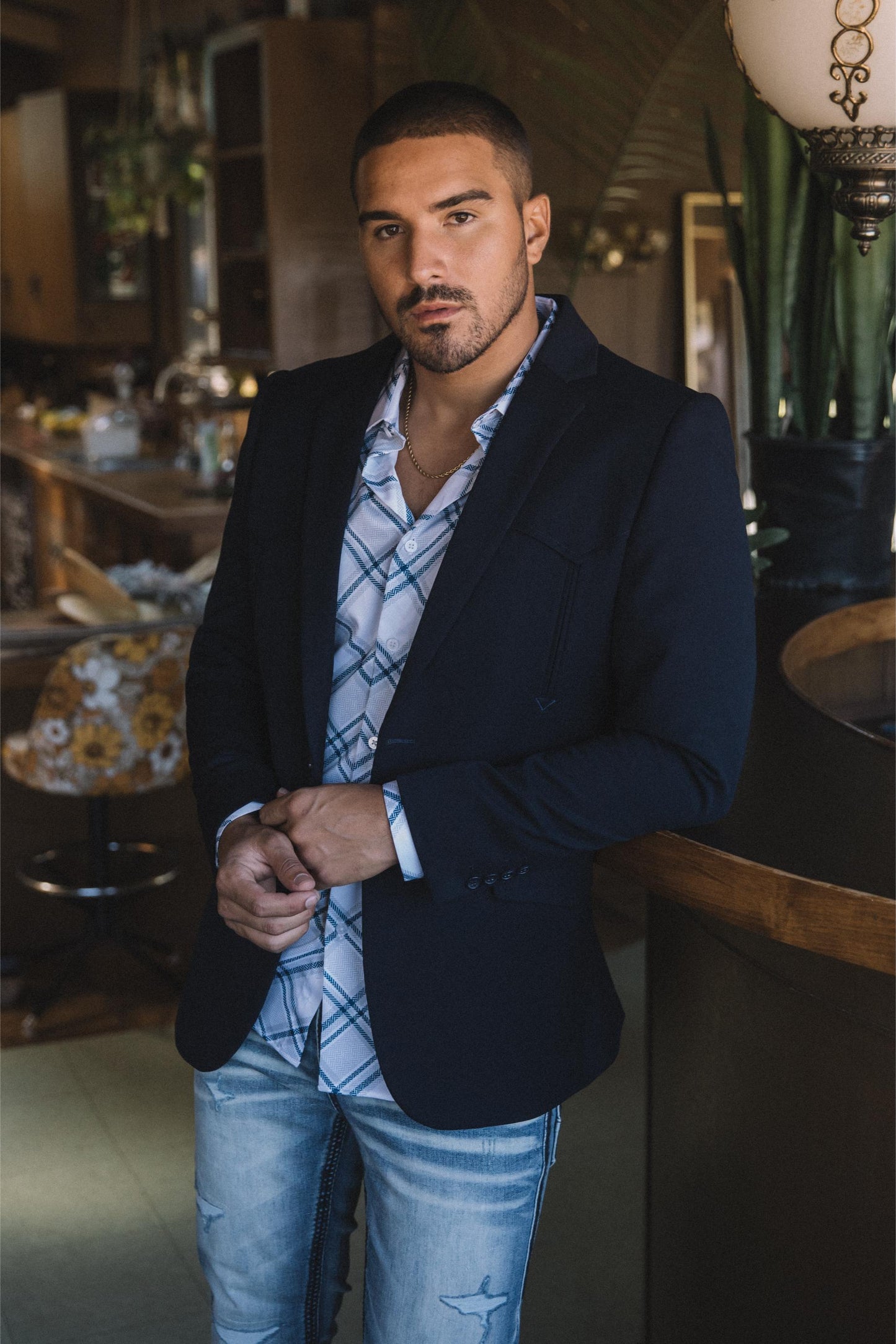 Men's Double Button Western Navy Blazer